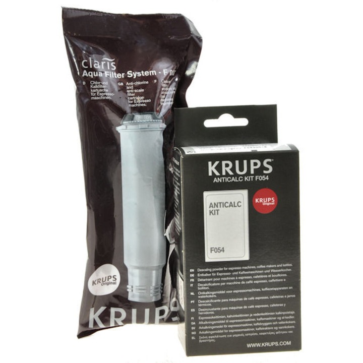 Set intretinere pentru espressoare Krups, filtr apa F08801 si decalcifiant F054, 3 piese
