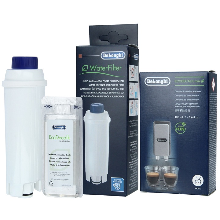 Set de intretinere DeLonghi, filtr apa DLSC002, odkamieniacz EcoDecalk 100ml, 2 piese