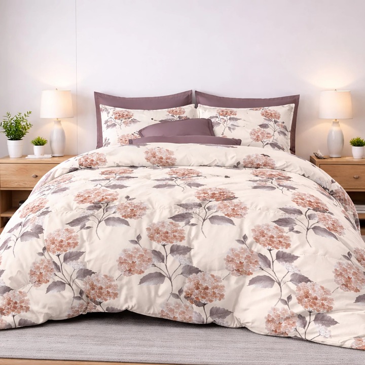 Lenjerie pat bumbac Finet 6 piese PROMO cu husa saltea 160x200 sau 180x200 cm, pilota 200x220 cm, 2 fete perna 50x70 si 70x70 cm, Bej/Maro, Ralex Pucioasa