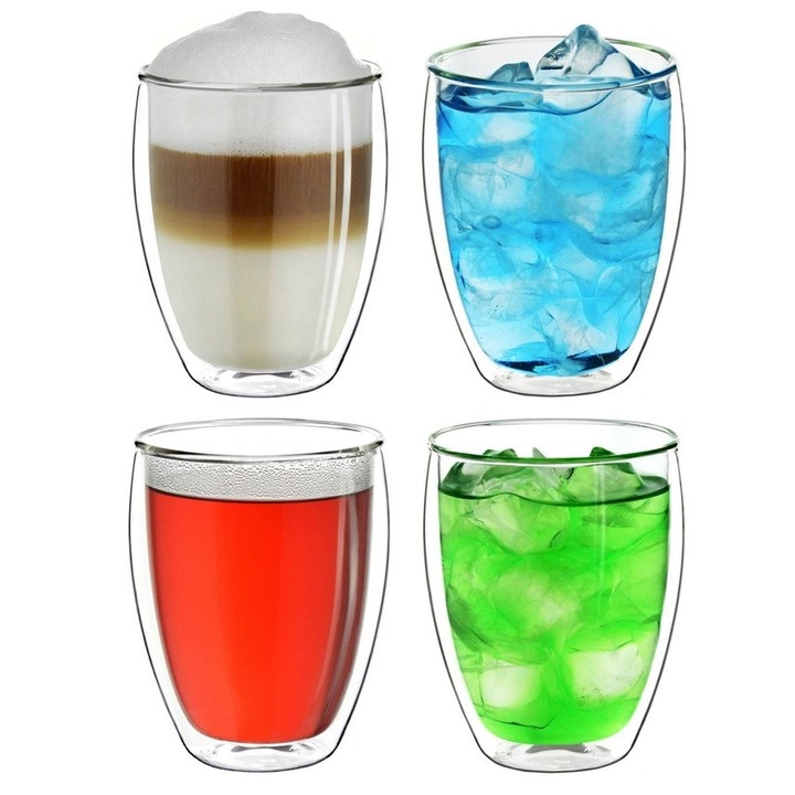Set 4 pahare termice XXL Creano, 400 ml, sticla borosilicata, perete dublu, pentru latte