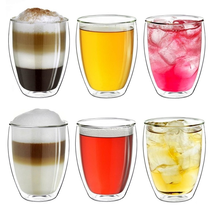 Set 6 pahare termice Creano DG-Hoch, 250 ml, sticla borosilicata, perete dublu