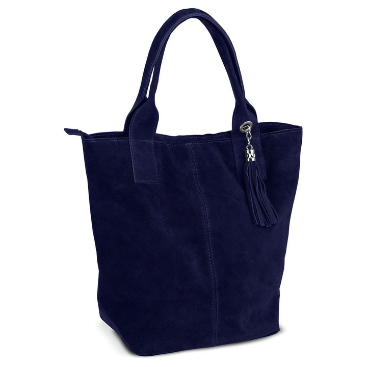 Дамска чанта Vera Pelle, велурена кожа, тъмносиня, отделение за формат А4, с практична торбичка