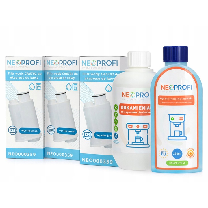Set curatare si intretinere pentru espressoare, Neoprofi, 250ml lichid curatare, 500ml demineralizator, 3 filtre apa