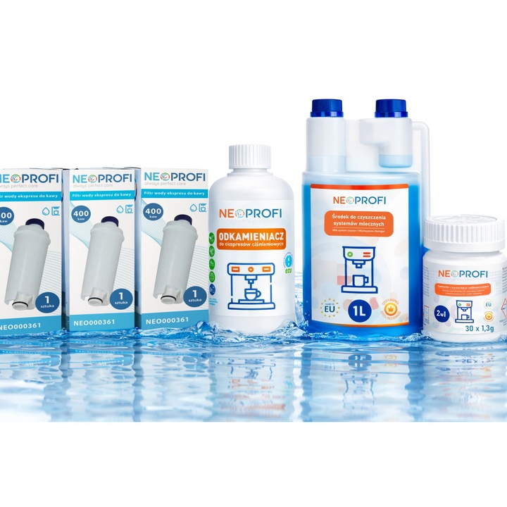 Set de intretinere pentru espressoare, NeoProfi, 1L detergent pentru tuburi de lapte, 500ml demineralizant, 30 tablete curatare, 3 filtre apa
