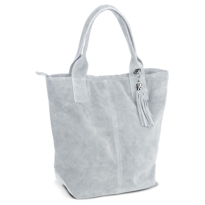 Дамска чанта Vera Pelle от велурена кожа, сива, отделение за формат А4, с практична торбичка