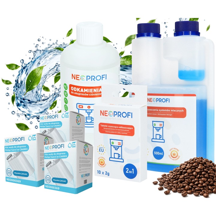 Комплект аксесоари за кафе машини, Neoprofi, препарат за отстраняване на котлен камък, водни филтри