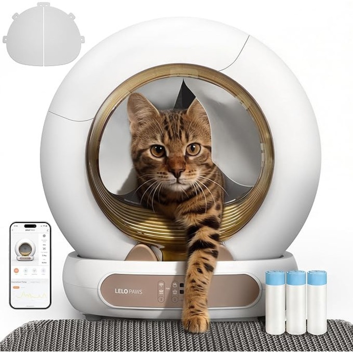 Litiera automata LELO PAWS Self-Cleaning XXL, 65L + 9L, control aplicatie, eliminare miros, senzori siguranta, pentru mai multe pisici, Golden