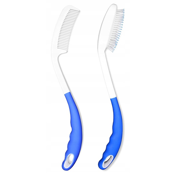 Set perie si pieptene KMINA cu maner lung, alb cu elemente albastre, pentru seniori si persoane cu dizabilitati