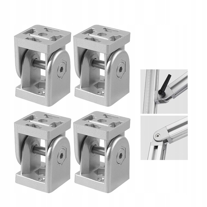 Set 4 conector de balama cu dubla articulatie pentru profile aluminiu 40x40, 8mm, material zincat