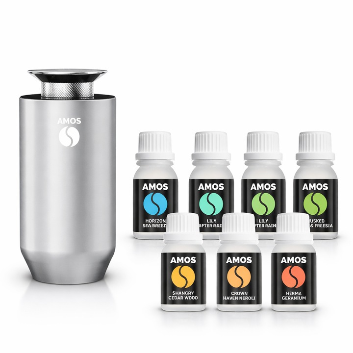 Difuzor parfum auto AMOS ONE, 6 arome, odorizant inteligent, arome intense, 3 trepte intensitate, Autonomie mare