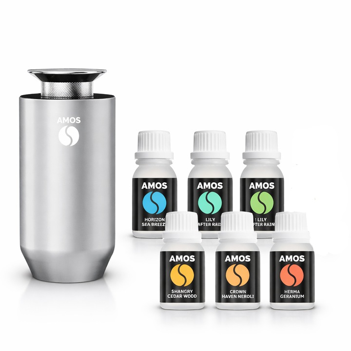 Difuzor parfum auto AMOS ONE, 6 arome, odorizant inteligent, arome intense, 3 trepte intensitate, Autonomie mare