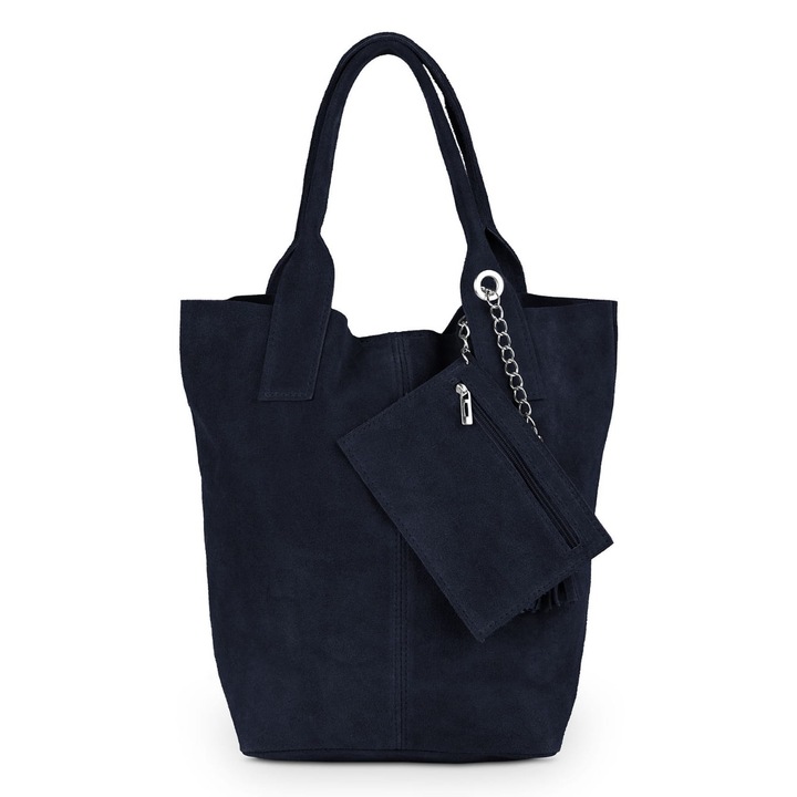 Дамска чанта Vera Pelle от велурена кожа, тъмносиня, отделение за формат А4, с практична торбичка