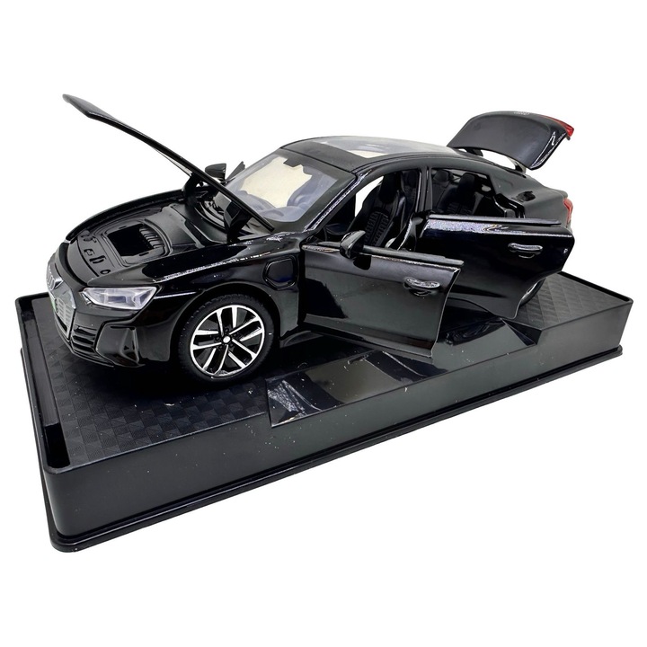 Audi e-tron GT fekete modell 1:32 fém die-cast fényekkel és hangokkal, működő ajtókkal, motorháztetővel és csomagtartóval