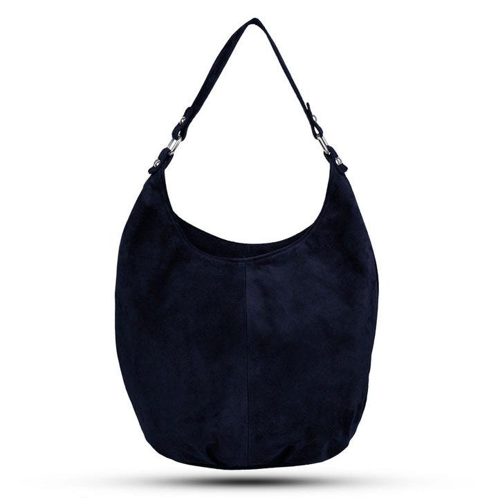 Дамска чанта Vera Pelle, велурена кожа, тъмносиня, отделение за формат А4, вътрешен джоб с цип