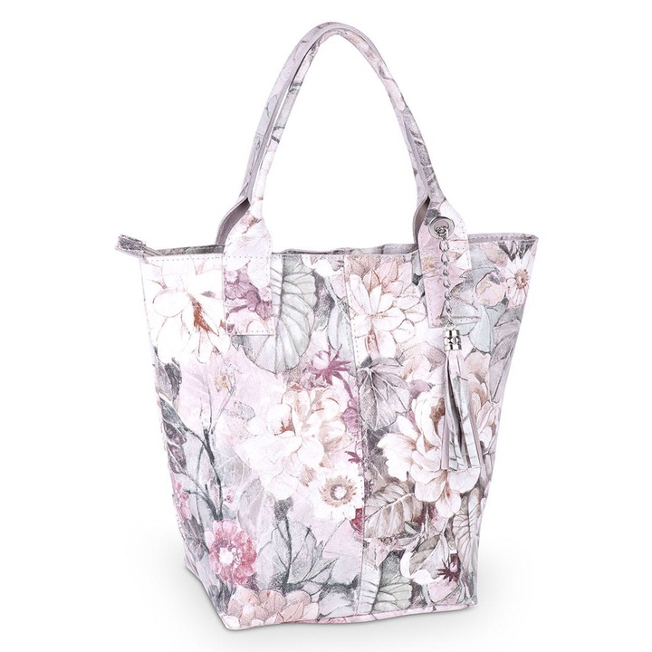 Дамска чанта Vera Pelle от италианска телешка кожа, отделение за формат А4, с практична торбичка, флорален цвят