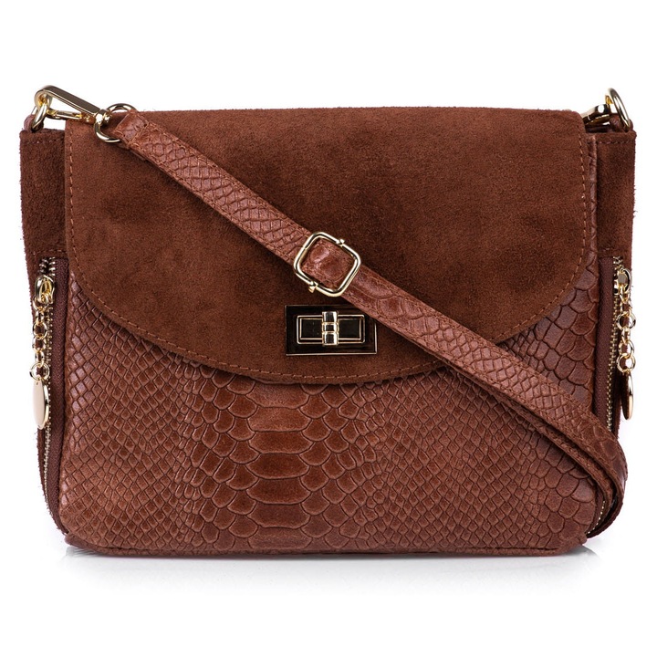 Szarvasbőr kézitáska, Vera Pelle, kígyóbőr textúra, állítható vállpánt