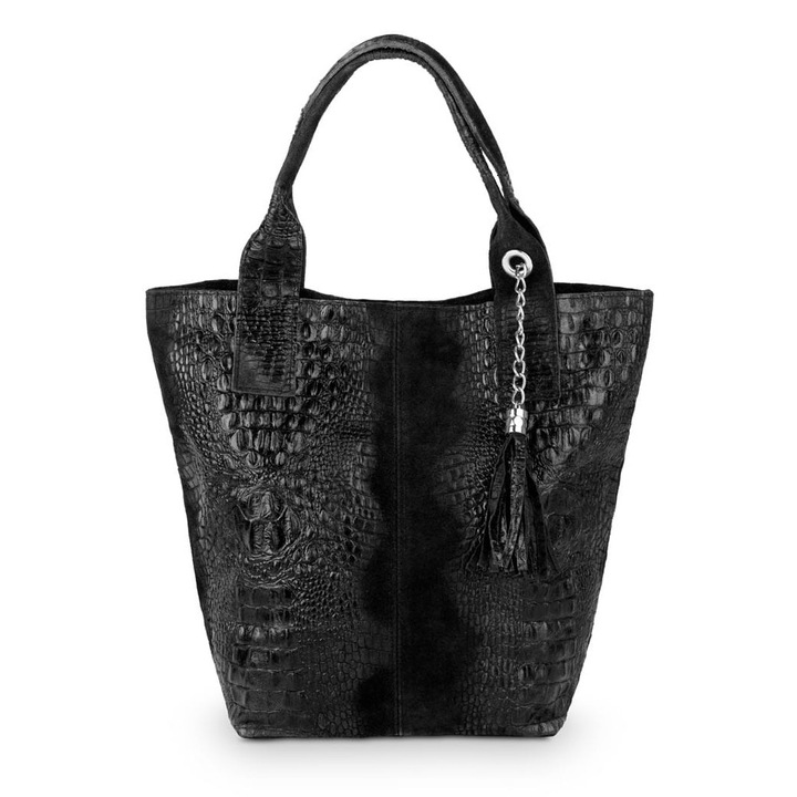 Дамска чанта Vera Pelle, тип торба, италианска телешка кожа, черна, отделение за формат А4