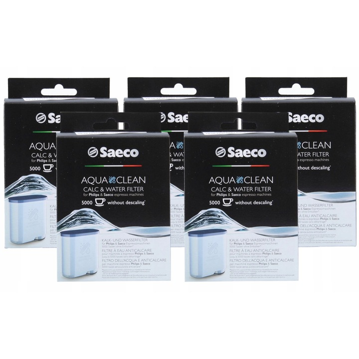 Комплект 5 филтъра за вода Saeco AquaClean CA6903, за еспресо машини, премахва котлен камък, 90мм