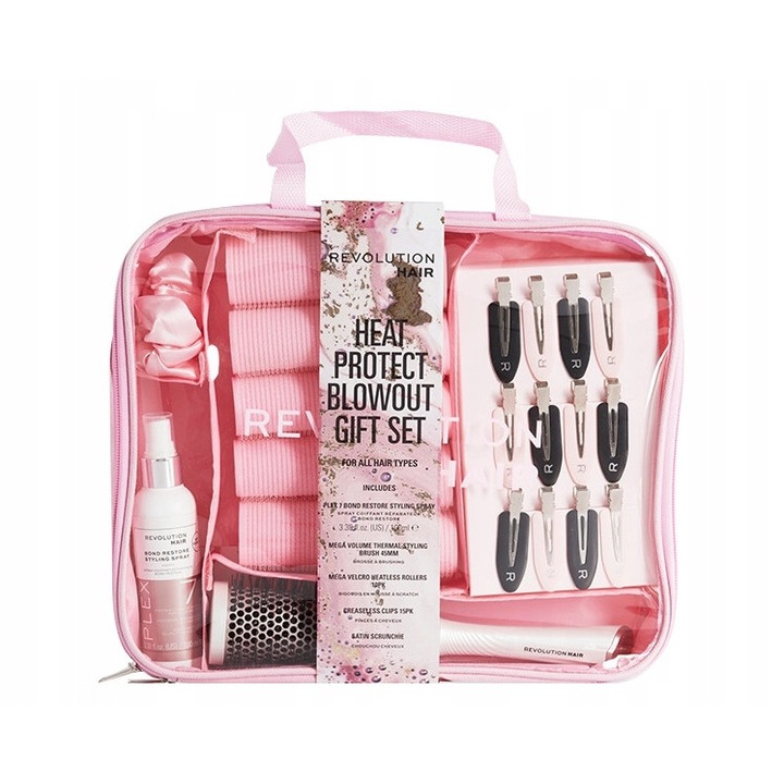 Set ingrijire par Makeup Revolution Haircare Plex Heat Protect Blowout cu perie uscator bigudiuri cleme spray si accesorii styling