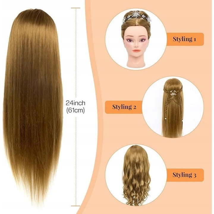 Манекен глава за прически, Neverland, медено рус, 71 см, регулируема стойка 42-160 см, 60% естествена коса
