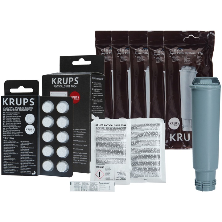 Krups eszpresszógép karbantartó készlet, 5 db F088 szűrő, XS3000 tabletta, F054 szagtalanító