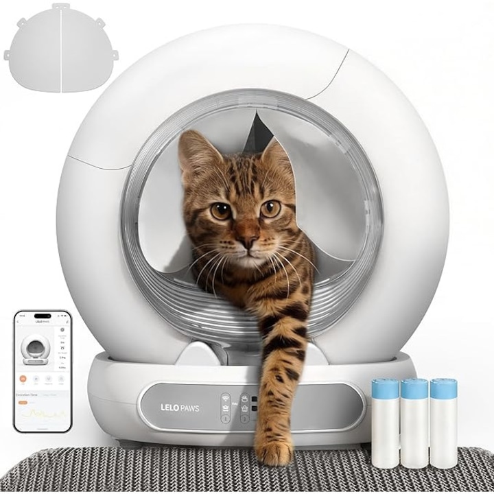 Litiera automata LELO PAWS Self-Cleaning XXL, 65L + 9L, control aplicatie, eliminare miros, senzori siguranta, pentru mai multe pisici, Silver