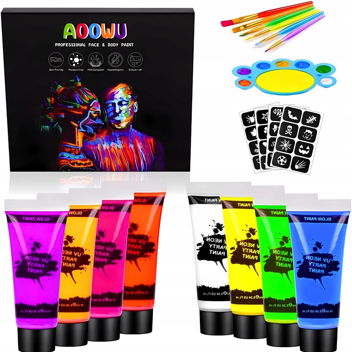 Set de vopsele fluorescente UV pentru machiaj, 8 culori neon, 10 ml fiecare, cu 6 pensule, 4 abtibilduri si paleta