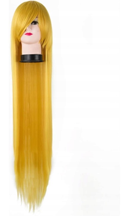 Peruca sintetica lunga galben blond 100cm cu breton, set accesorii par