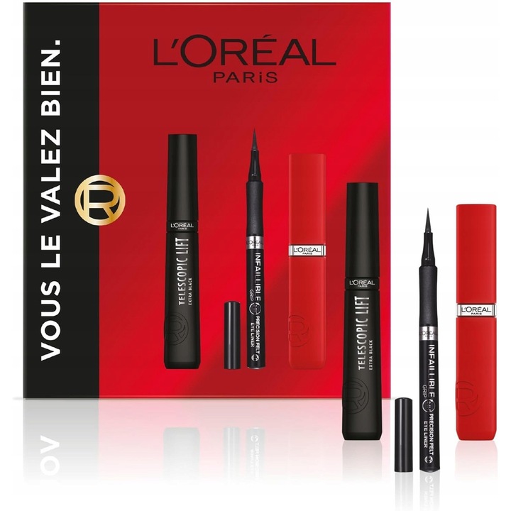 Комплект подарък L'Oreal Paris, спирала Black Telescopic Lift, очна линия с филцов връх, червено червило Matte Resistance