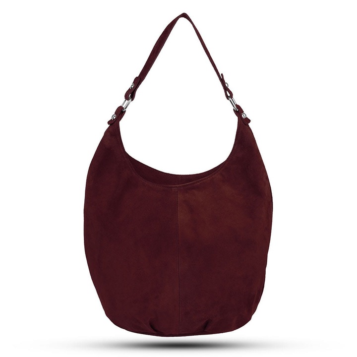 Дамска чанта Vera Pelle от велурена кожа, бордо, отделение за формат А4, вътрешен джоб с цип