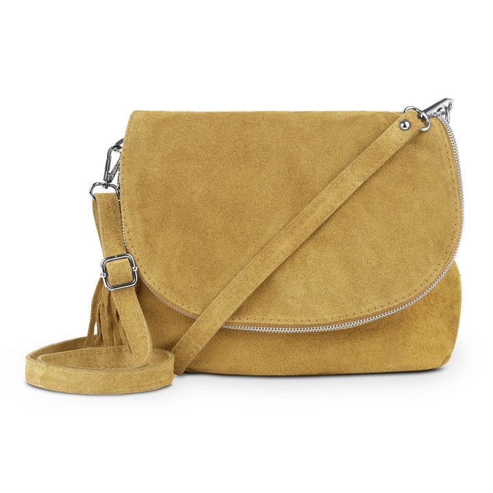 Geanta de dama Vera Pelle, piele de caprioara, curea de umar reglabila, fermoar