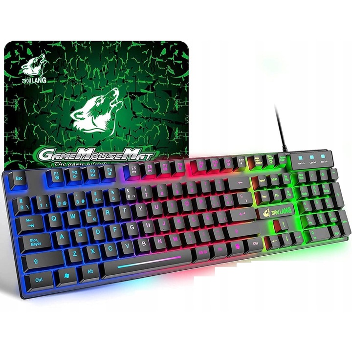 Геймърска клавиатура Ziyou Lang T13, QWERTZ, RGB подсветка, USB кабел, комплект със стикери за полско оформление