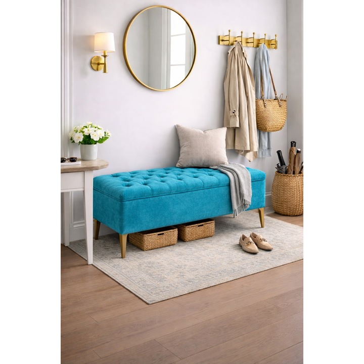 Lada tapițată, 140x50cm, albastru verzui, picioare metalice