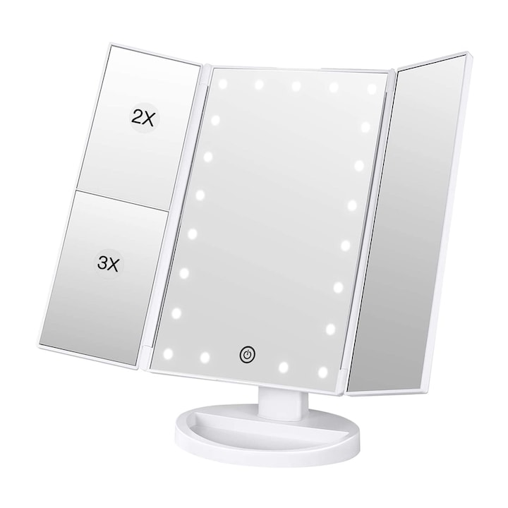 Козметично огледало с LED осветление BESTOPE 214130784 20-12, 4 в 1, 21 LED светлини, Увеличително 2x, 3x, Вертикално 180 °, Сензорен превключвател, 34x24cm, Бял