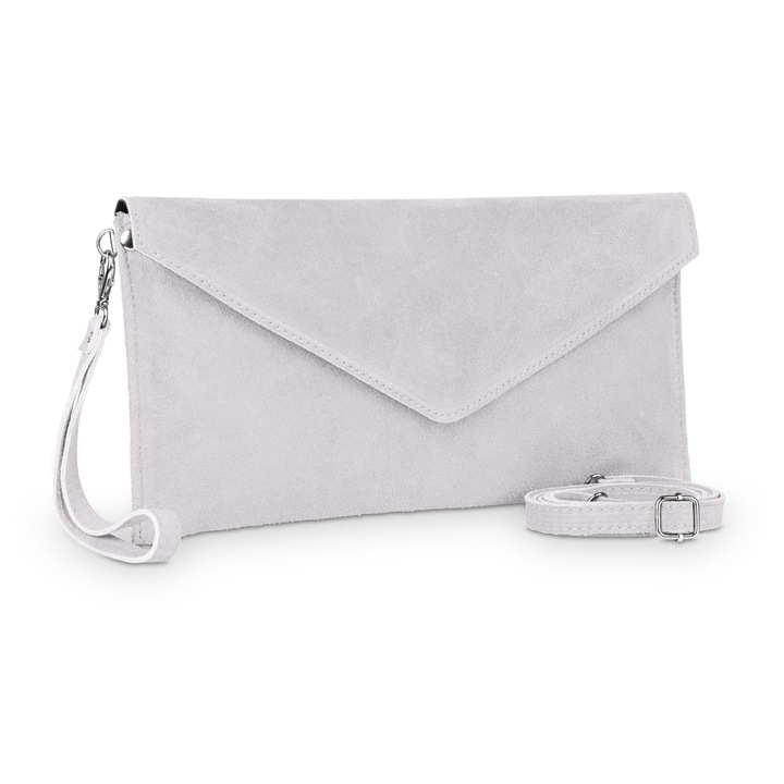 Geanta de seara din piele de caprioara, Vera Pelle, plic, detasabila, argintie, 30x20cm