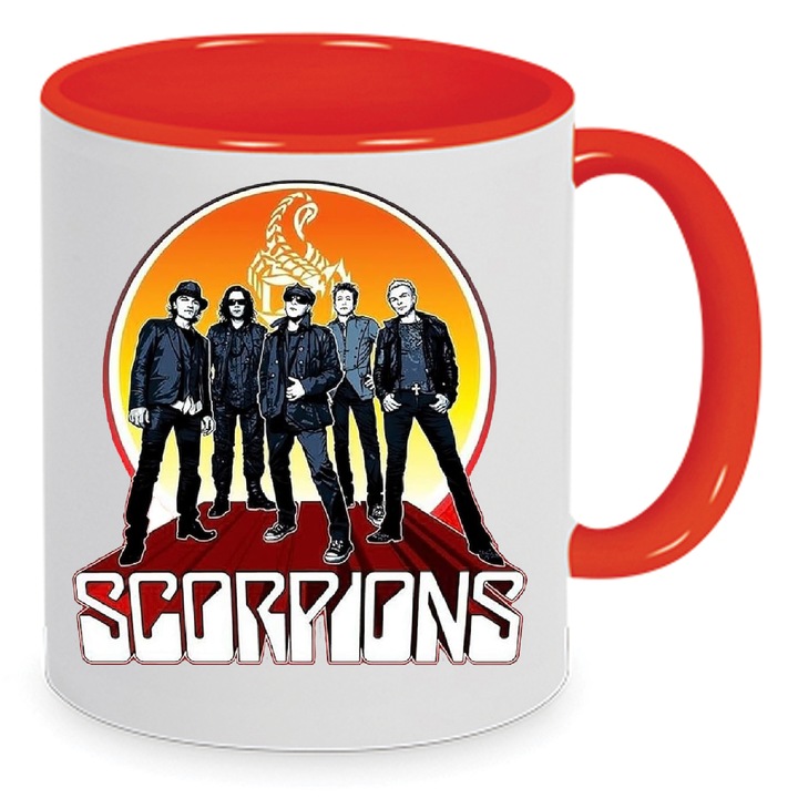 Cana Scorpions No7, 330ml, ceramica, alba si rosie, design de calitate, lavabila in masina de spalat.