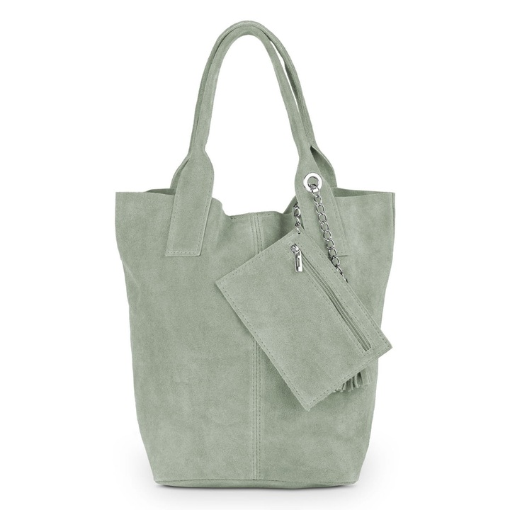 Дамска чанта Vera Pelle от велурена кожа, цвят мента, отделение за формат А4, дръжки 20 см