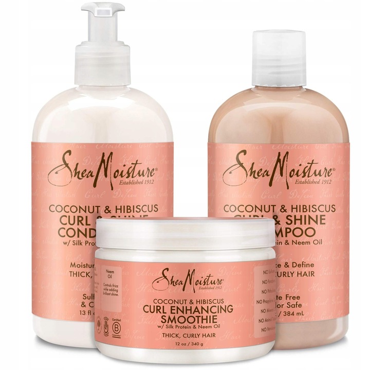 Set Shea Moisture Curl & Shine, sampon, balsam, crema, hidratant, anti-frizz, pentru par cret