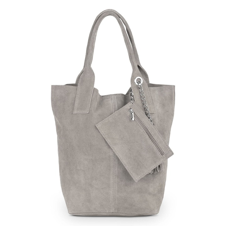 Дамска чанта Vera Pelle от велурена кожа, цвят таупе, отделение за формат А4, дръжки 20 см