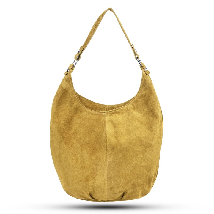 Дамска чанта Vera Pelle, велурена кожа, цвят шафран, отделение за формат А4, вътрешен джоб с цип