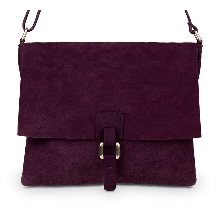 Дамска чанта, Vera Pelle, велурена кожа, джоб с цип, цвят червено цвекло, неопределени размери