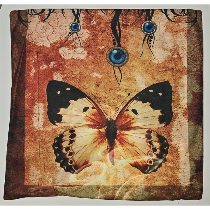 Fata de perna eleganta cu model fluturi, culori maro si crem – 45x45 cm, material catifea, premium, inchidere cu fermoar