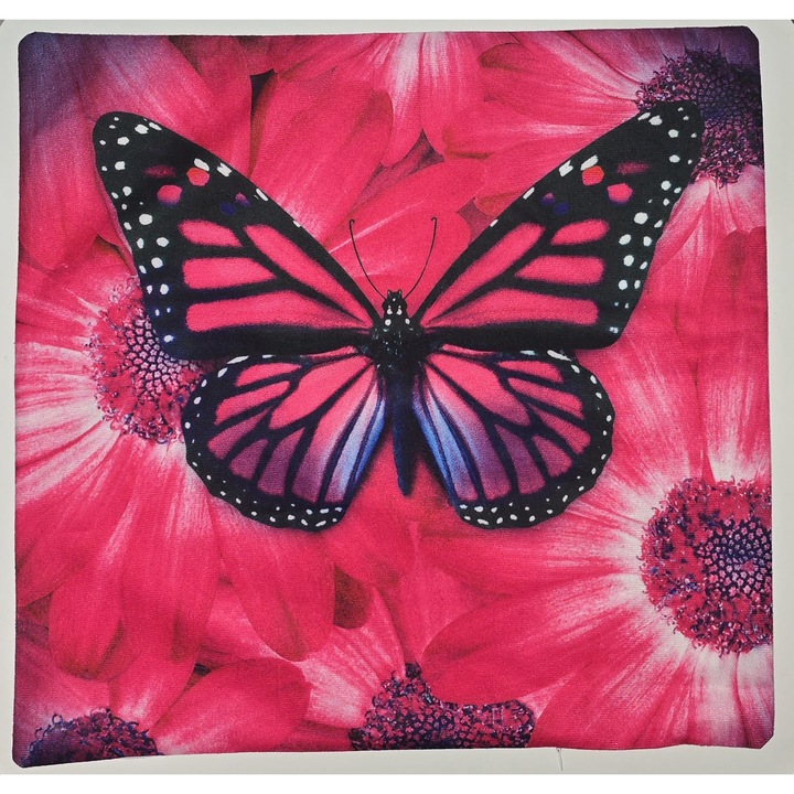 Fata de perna eleganta cu model fluturi, culoare roz si albastru – 45x45 cm, material catifea, premium, inchidere cu fermoar