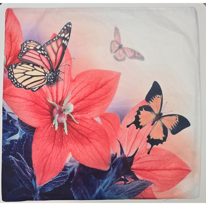 Fata de perna eleganta cu model fluturi si flori roz– 45x45 cm, material catifea, premium, inchidere cu fermoar