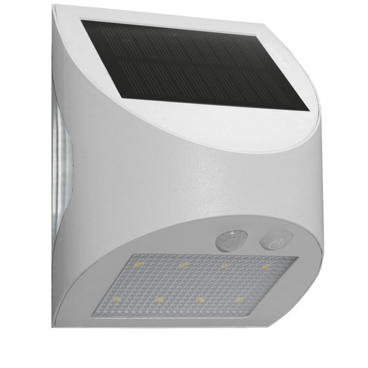 Aplica LED solară Century, 3W, IP65, alb, 105x130x80mm, cu senzor de mișcare
