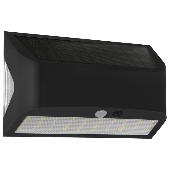 Aplica LED solară 6W Exterior IP65, senzor de mișcare, 4000K, neagră, 113x180x62mm
