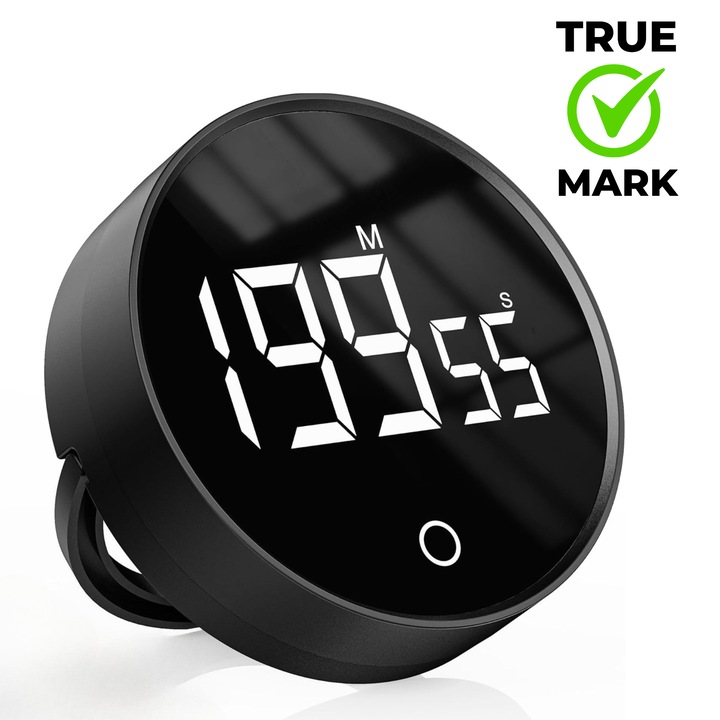 TRUE MARK - Timer digital multifunctional, afisaj LED, alarma sonora, magnet, alimentare USB, pentru bucatarie, birou, sport, studiu - NEGRU
