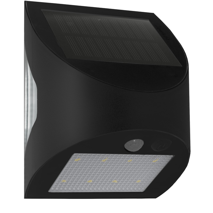 Aplica LED solară 3W Century, senzor de mișcare, IP65, neagră, 105x130x80mm