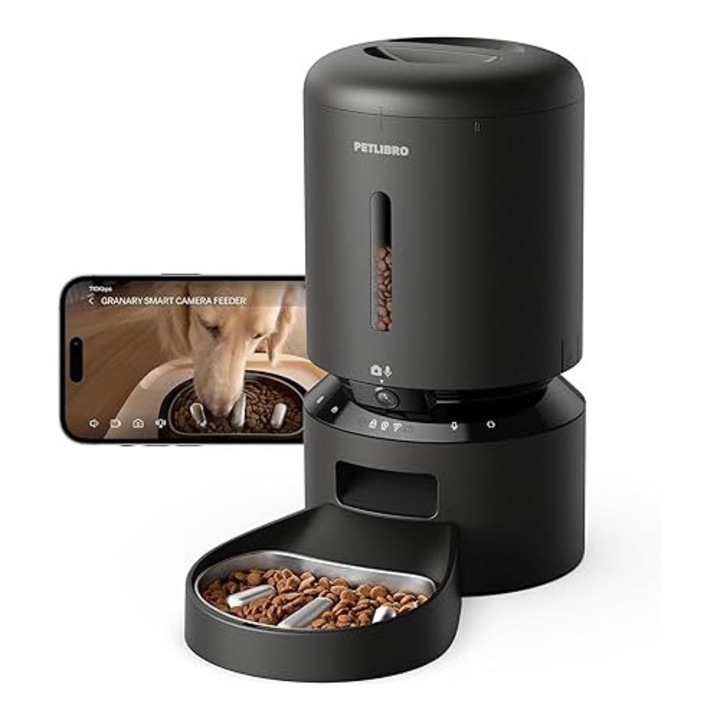 Hranitor automat PETLIBRO 5L cu camera 1080P, bol slow feeding, WiFi 2.4/5G, control aplicatie, audio bidirectional, vedere nocturna, 1-10 mese, Negru