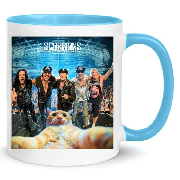 Cana Scorpions No10, ceramica, 330ml, alb si albastru deschis, design rezistent la spalare in masina